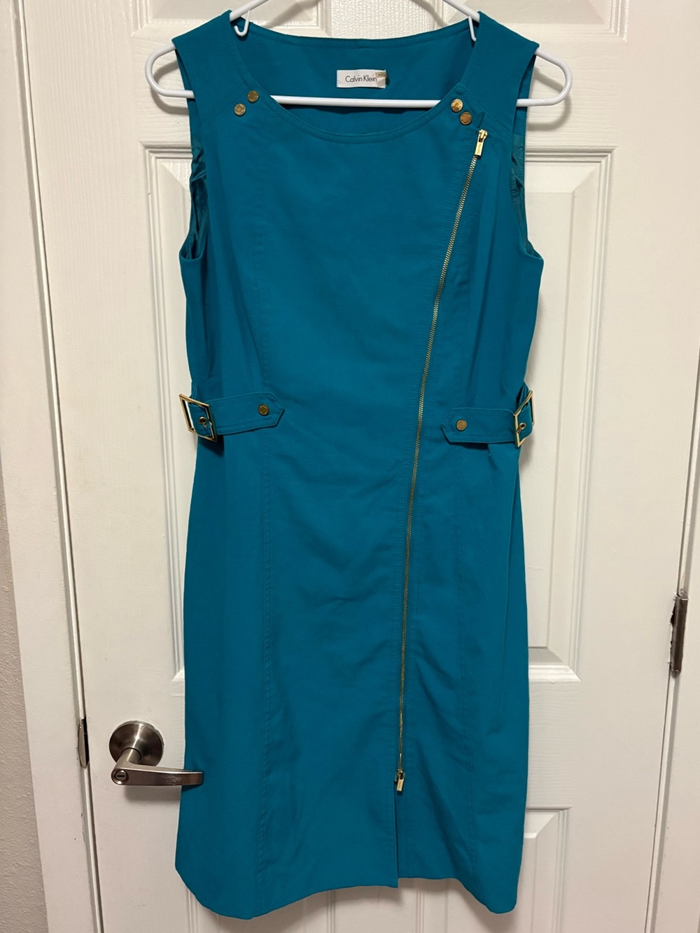 *Calvin Klein Teal Sleeveless Zipper & Buckle Detail Size 10 Sheath Dress